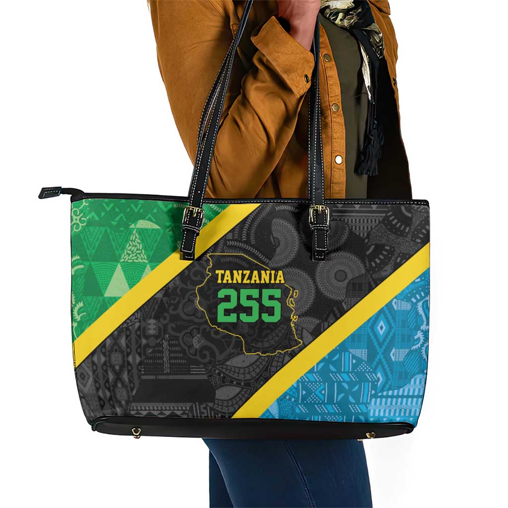 Tanzania 255 Leather Tote Bag African Mix Pattern Flag Motif - African Pride
