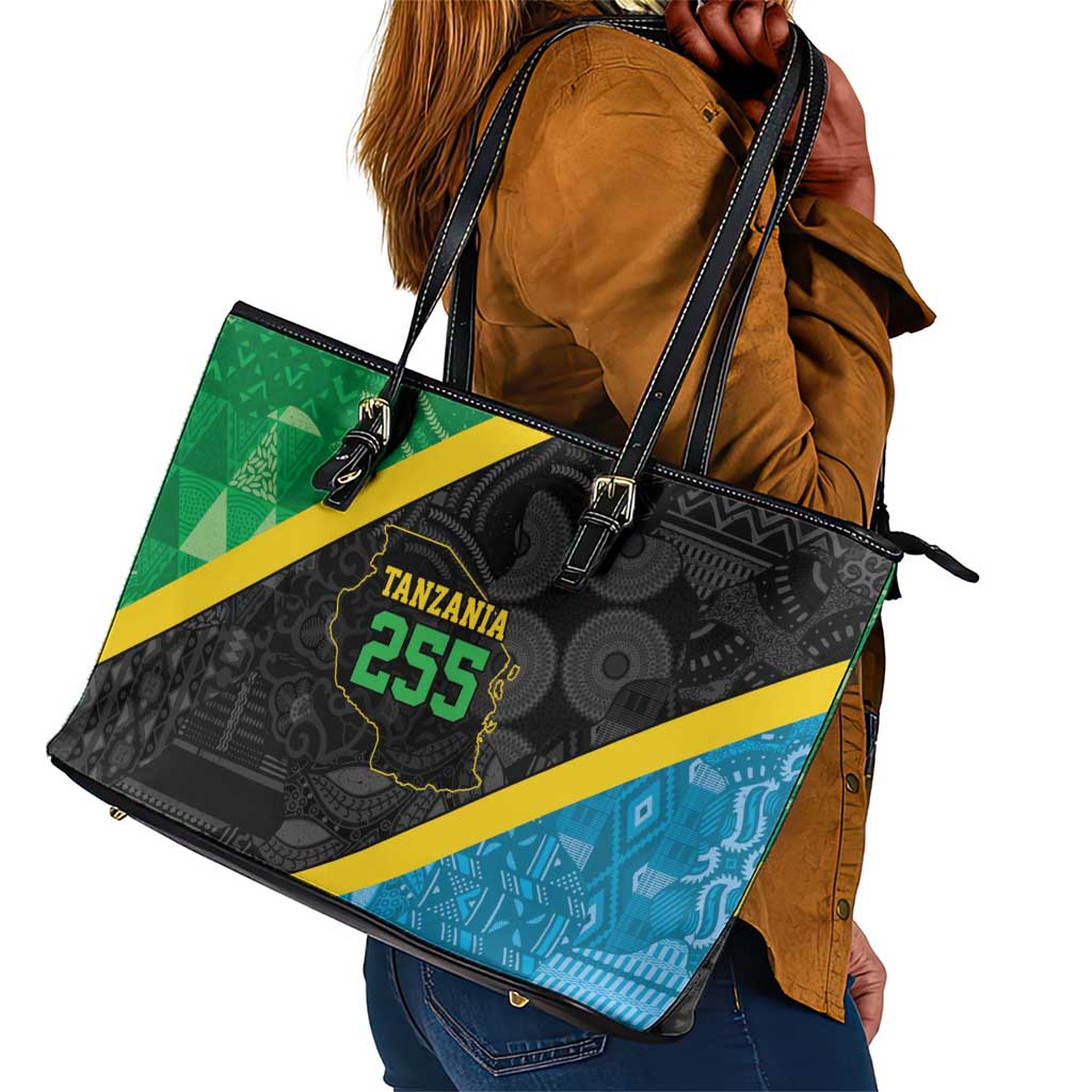 Tanzania 255 Leather Tote Bag African Mix Pattern Flag Motif - African Pride