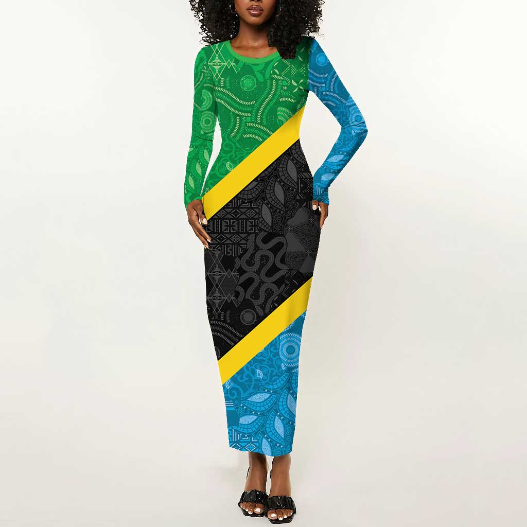 Tanzania 255 Long Sleeve Bodycon Dress African Mix Pattern Flag Motif - African Pride