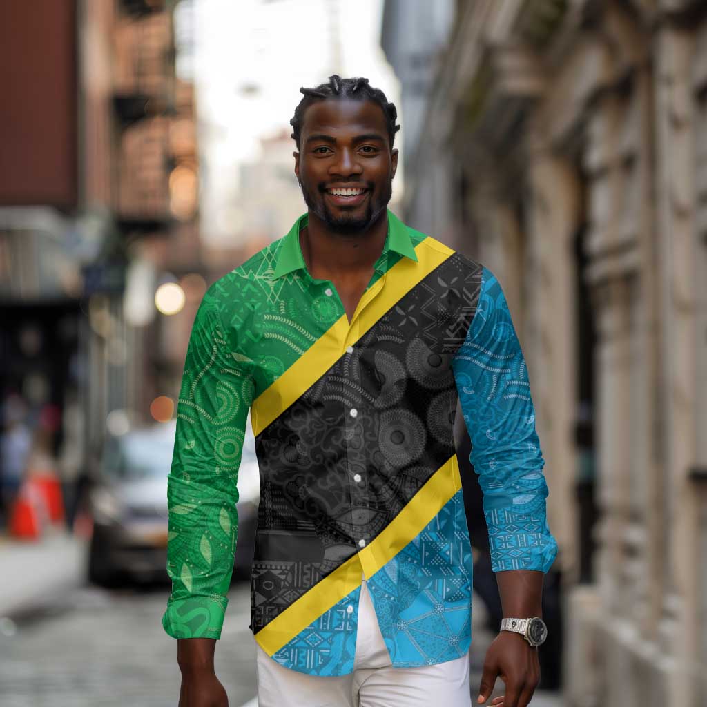 Tanzania 255 Long Sleeve Button Shirt African Mix Pattern Flag Motif - African Pride