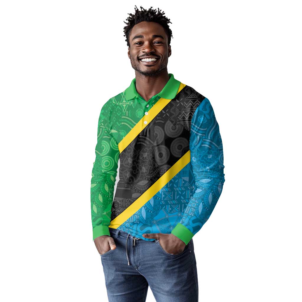 Tanzania 255 Long Sleeve Polo Shirt African Mix Pattern Flag Motif - African Pride
