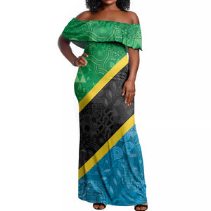Tanzania 255 Off Shoulder Maxi Dress African Mix Pattern Flag Motif - African Pride