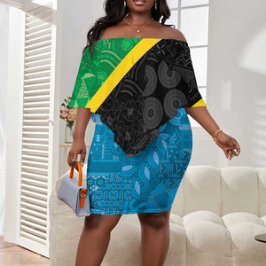 Tanzania 255 Off Shoulder Short Dress African Mix Pattern Flag Motif - African Pride