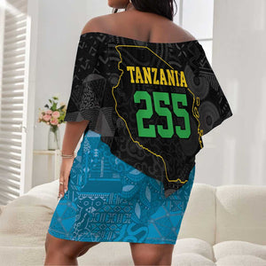 Tanzania 255 Off Shoulder Short Dress African Mix Pattern Flag Motif - African Pride