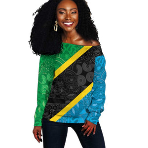 Tanzania 255 Off Shoulder Sweater African Mix Pattern Flag Motif - African Pride