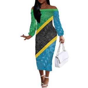 Tanzania 255 Off The Shoulder Long Sleeve Dress African Mix Pattern Flag Motif - African Pride