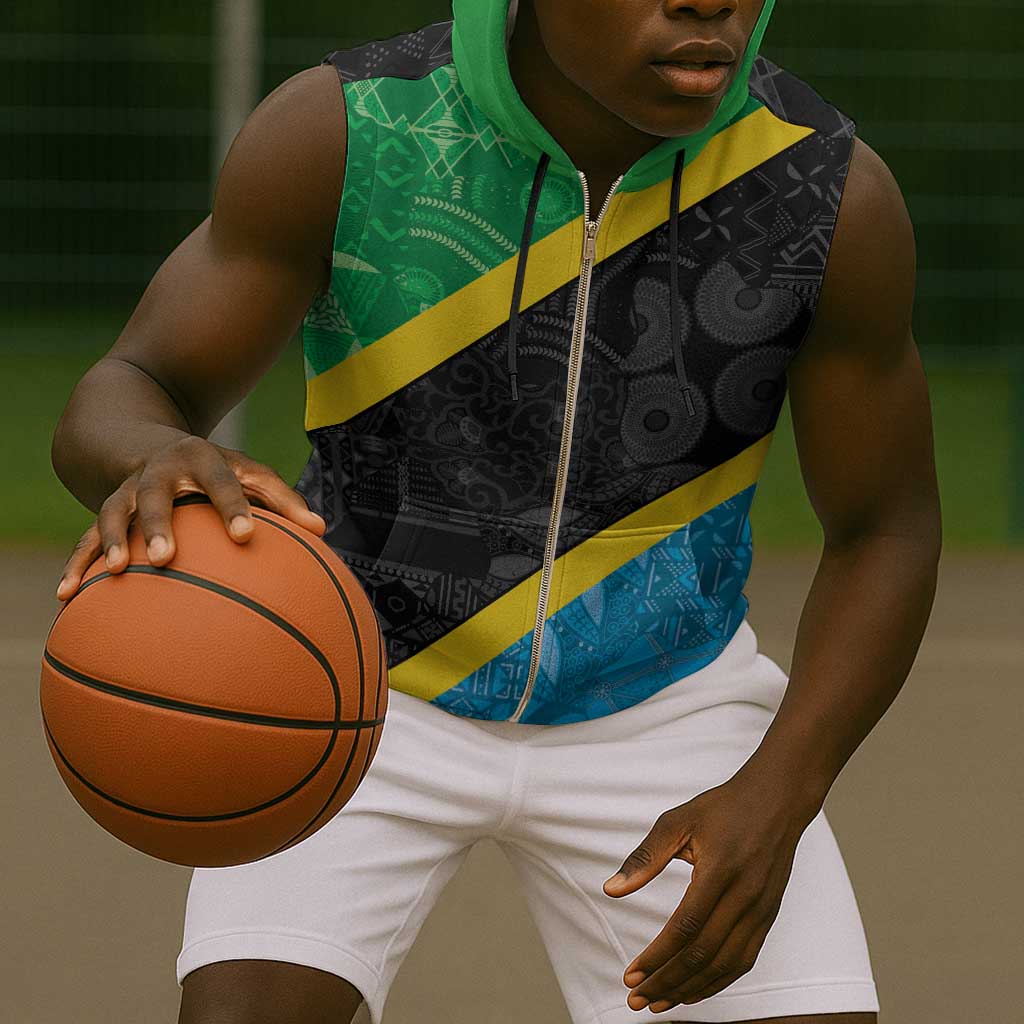 Tanzania 255 Sleeveless Zip Hoodie African Mix Pattern Flag Motif - African Pride