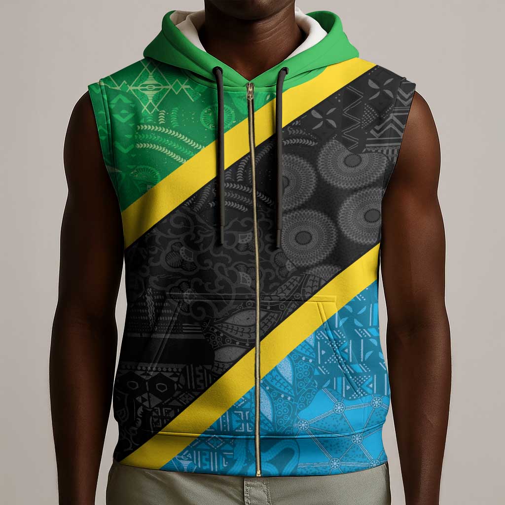 Tanzania 255 Sleeveless Zip Hoodie African Mix Pattern Flag Motif - African Pride