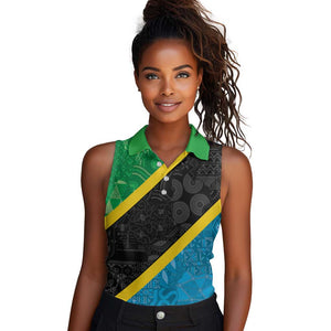 Tanzania 255 Women Sleeveless Polo Shirt African Mix Pattern Flag Motif - African Pride