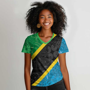 Tanzania 255 Women V-Neck T-Shirt African Mix Pattern Flag Motif - African Pride