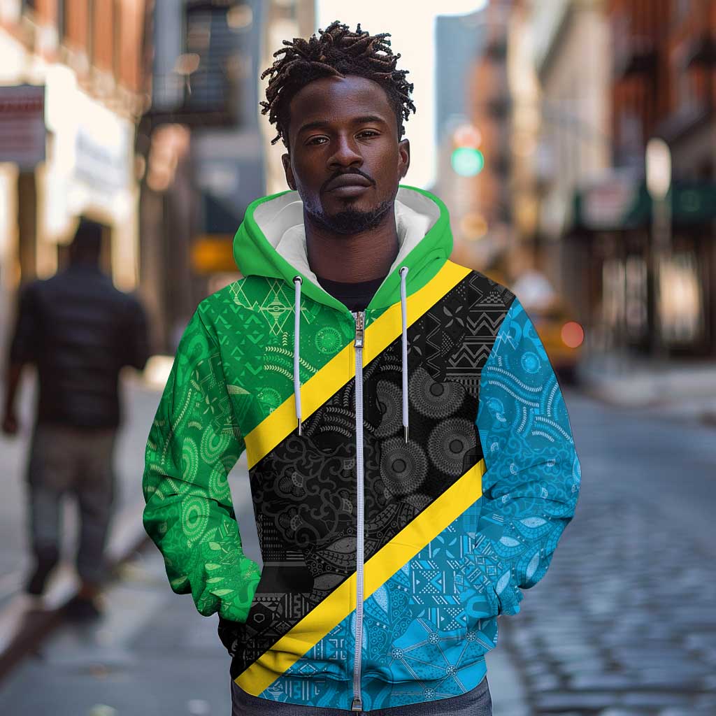 Tanzania 255 Zip Hoodie African Mix Pattern Flag Motif - African Pride
