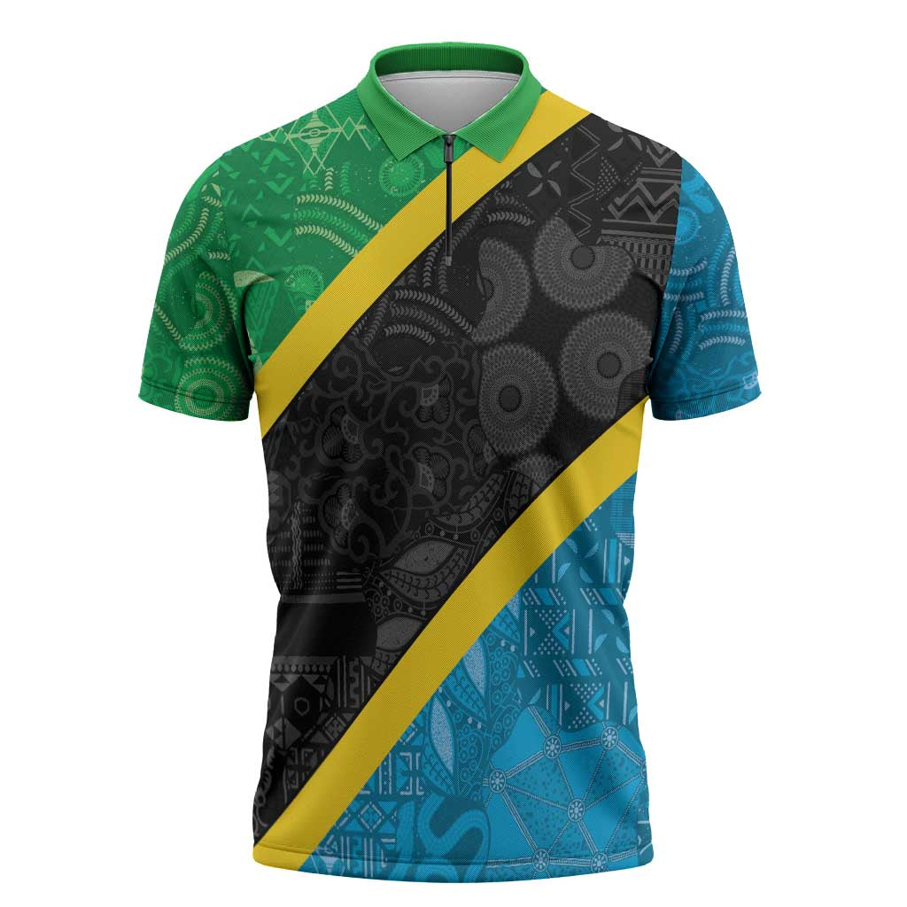 Tanzania 255 Zipper Polo Shirt African Mix Pattern Flag Motif