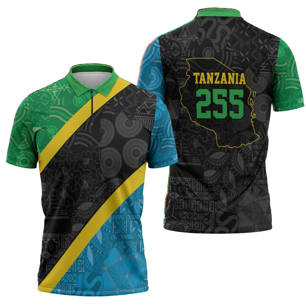 Tanzania 255 Zipper Polo Shirt African Mix Pattern Flag Motif