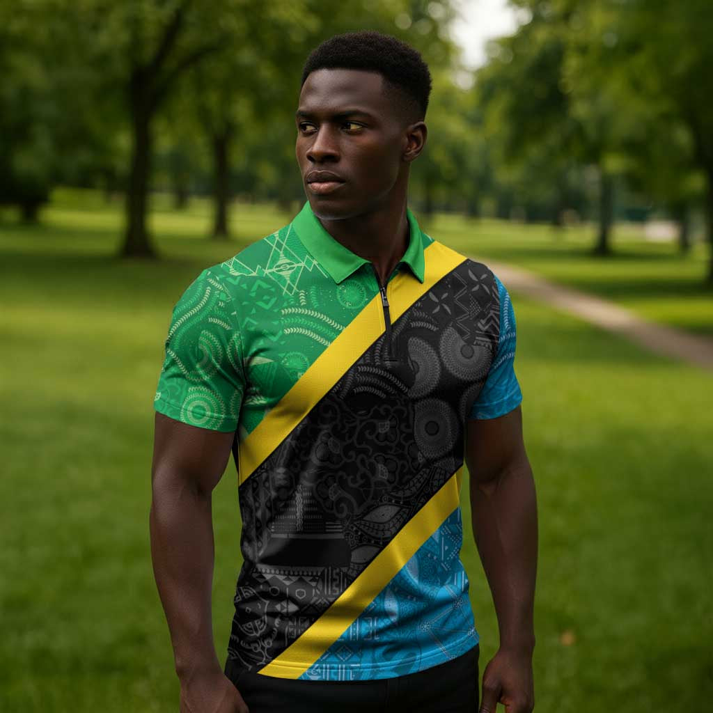 Tanzania 255 Zipper Polo Shirt African Mix Pattern Flag Motif