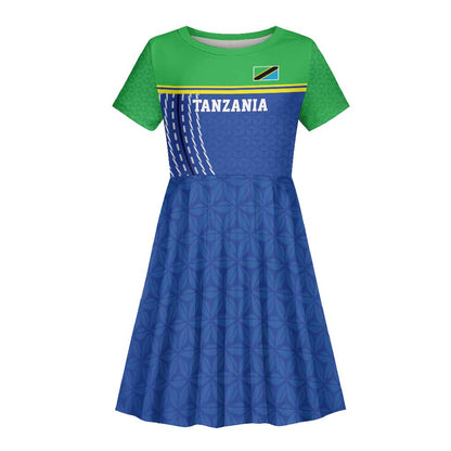 Custom Cicket African Tanzania Kid Short Sleeve Dress The Cows Tanzania Pattern - African Pride