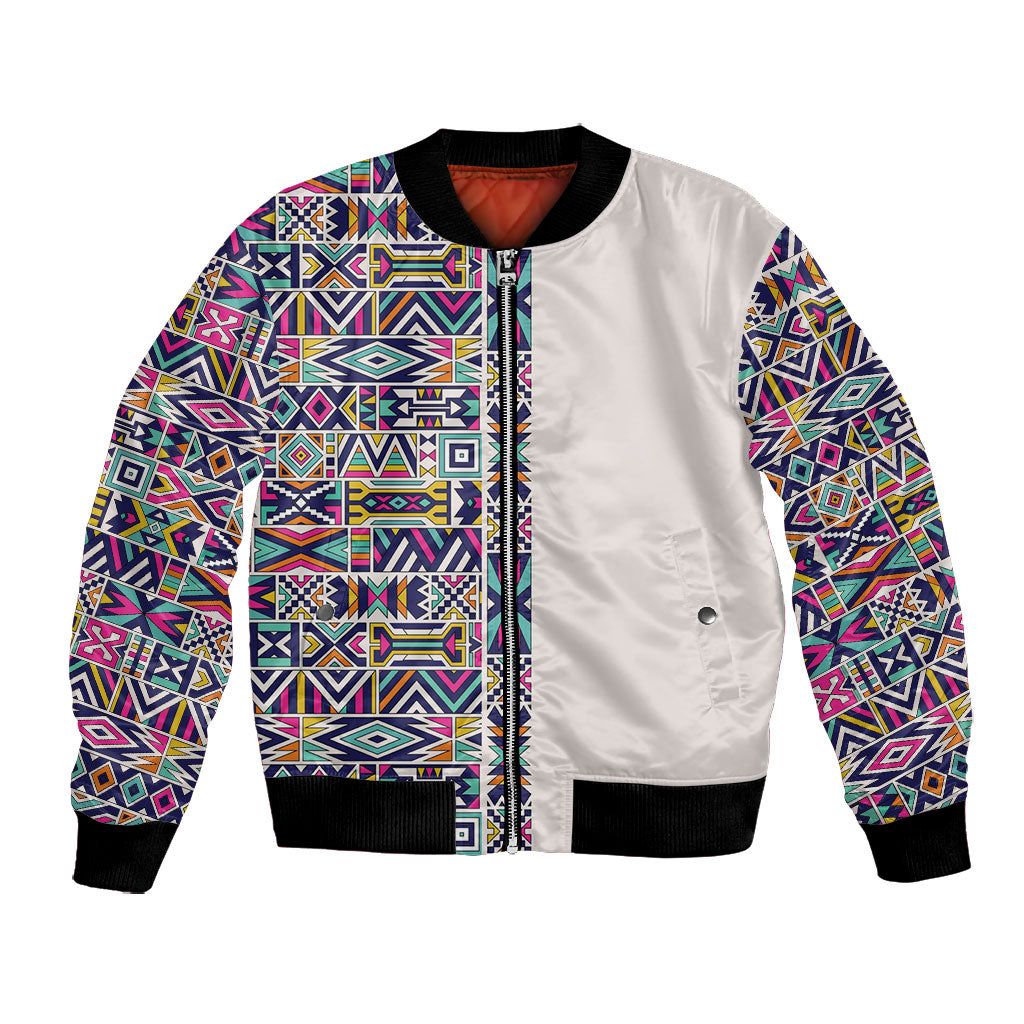 African Ndebele Art Patterns Bomber Jacket Beige Half Style