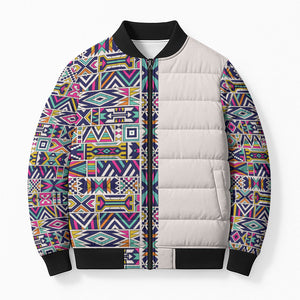 African Ndebele Art Patterns Bomber Puffer Jacket Beige Half Style