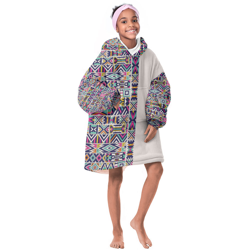 African Ndebele Art Patterns Kid Wearable Blanket Hoodie Beige Half Style