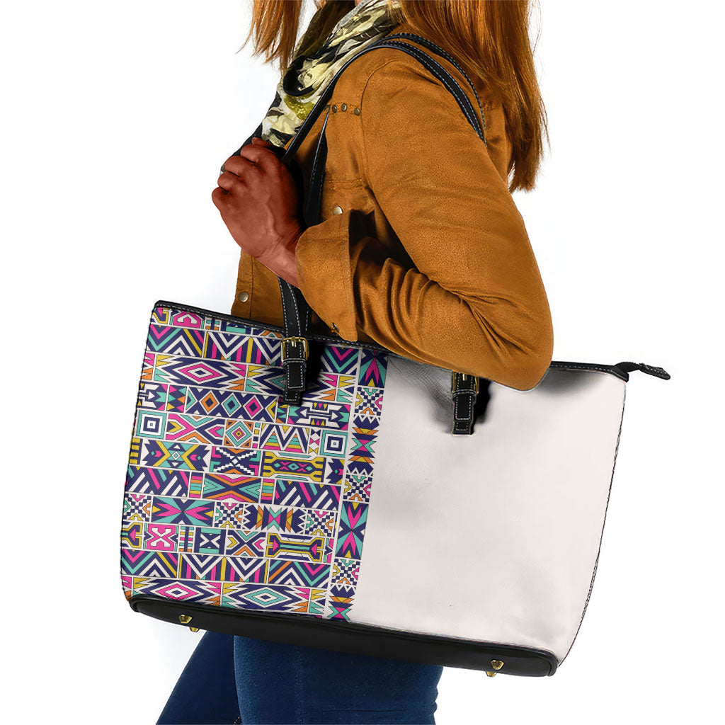 African Ndebele Art Patterns Leather Tote Bag Beige Half Style