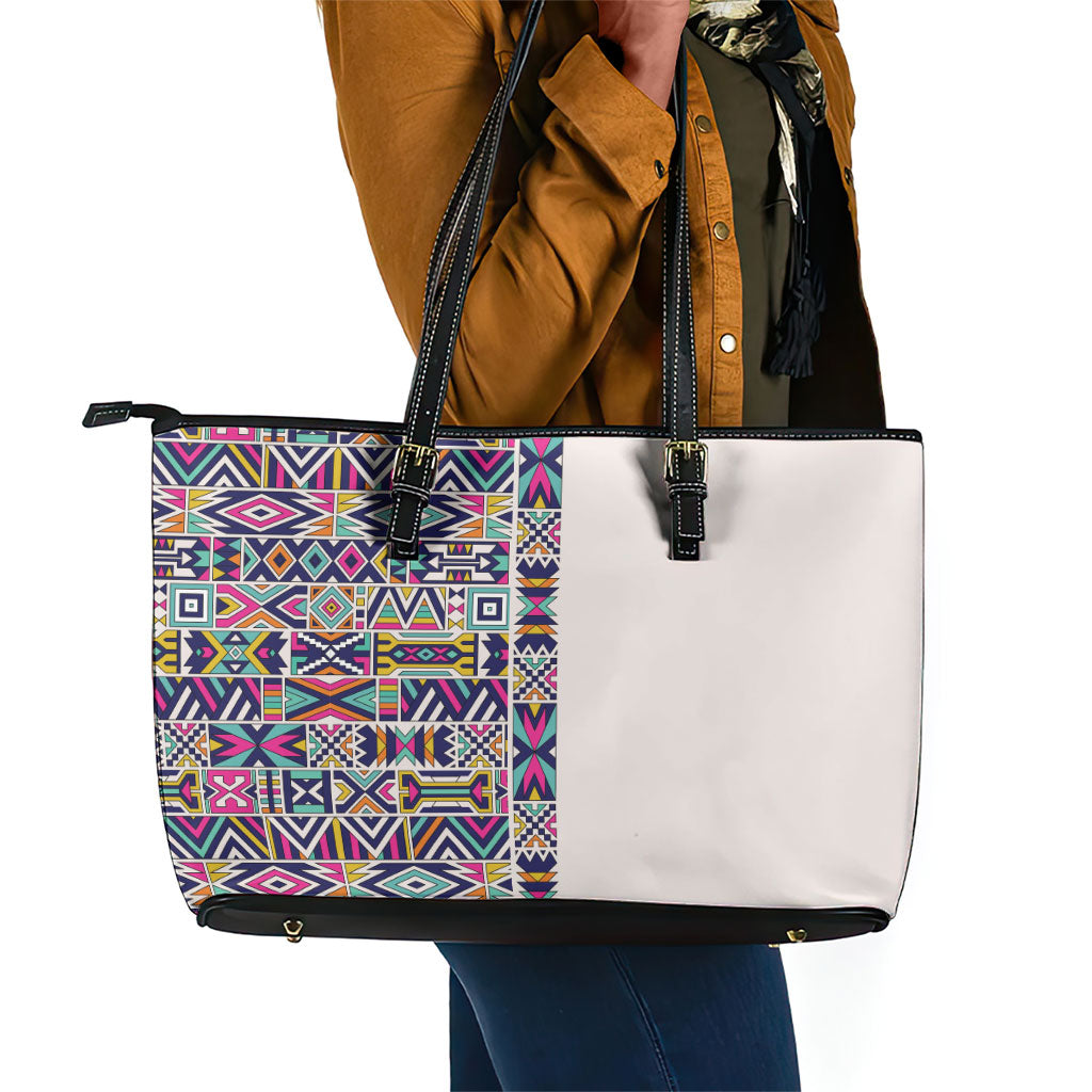African Ndebele Art Patterns Leather Tote Bag Beige Half Style