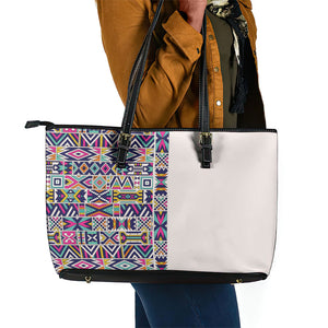 African Ndebele Art Patterns Leather Tote Bag Beige Half Style