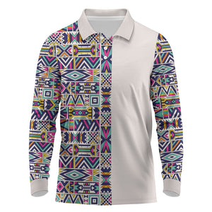 African Ndebele Art Patterns Long Sleeve Polo Shirt Beige Half Style