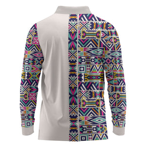 African Ndebele Art Patterns Long Sleeve Polo Shirt Beige Half Style