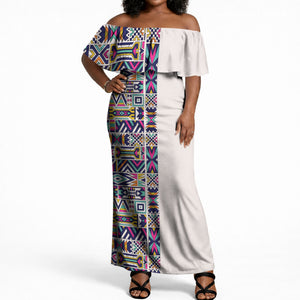 African Ndebele Art Patterns Off Shoulder Maxi Dress Beige Half Style