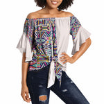 African Ndebele Art Patterns Off Shoulder Wrap Waist Top Beige Half Style