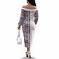 African Ndebele Art Patterns Off The Shoulder Long Sleeve Dress Beige Half Style
