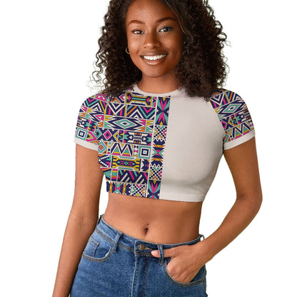 African Ndebele Art Patterns Raglan Cropped T shirt Beige Half Style