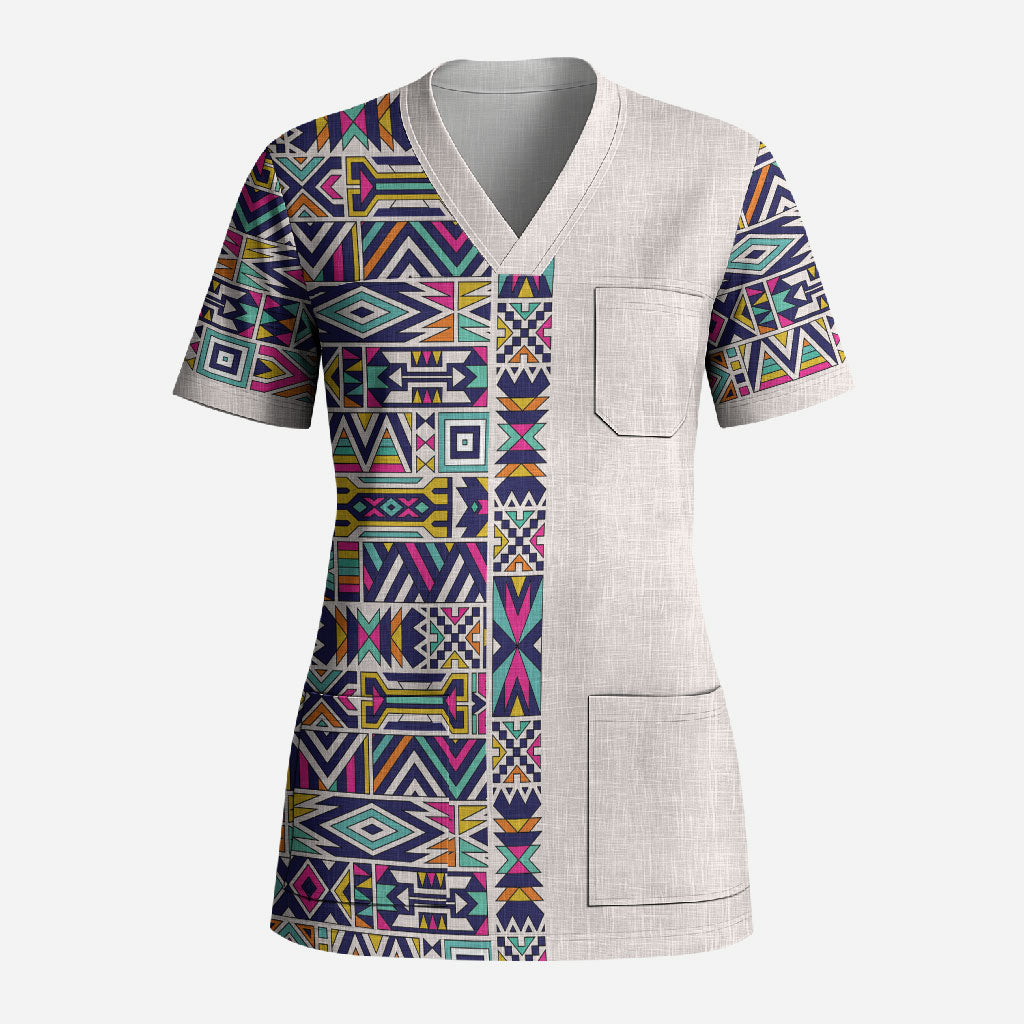 African Ndebele Art Patterns Scrub Top Beige Half Style