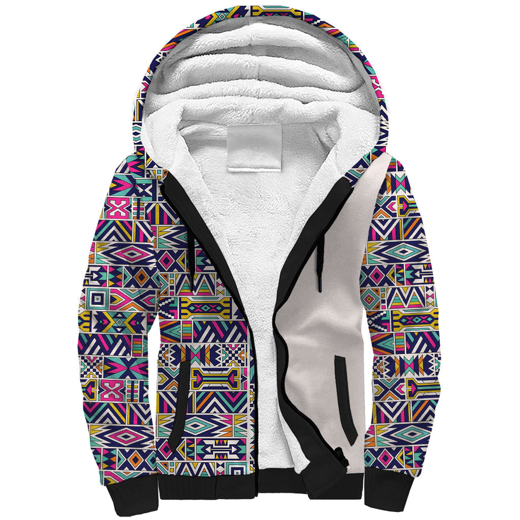 African Ndebele Art Patterns Sherpa Hoodie Beige Half Style