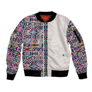 African Ndebele Art Patterns Sleeve Zip Bomber Jacket Beige Half Style