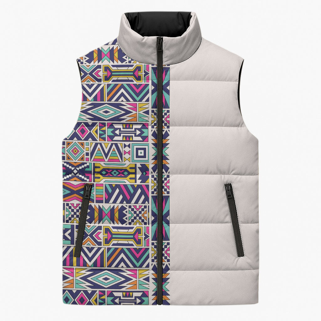 African Ndebele Art Patterns Sleeveless Puffer Jacket Beige Half Style