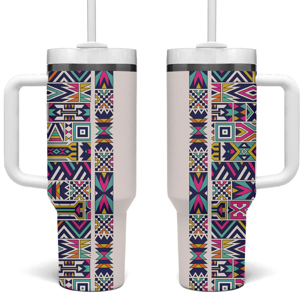 African Ndebele Art Patterns Tumbler With Handle Beige Half Style