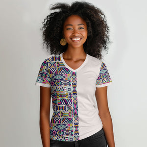 African Ndebele Art Patterns Women V-Neck T-Shirt Beige Half Style