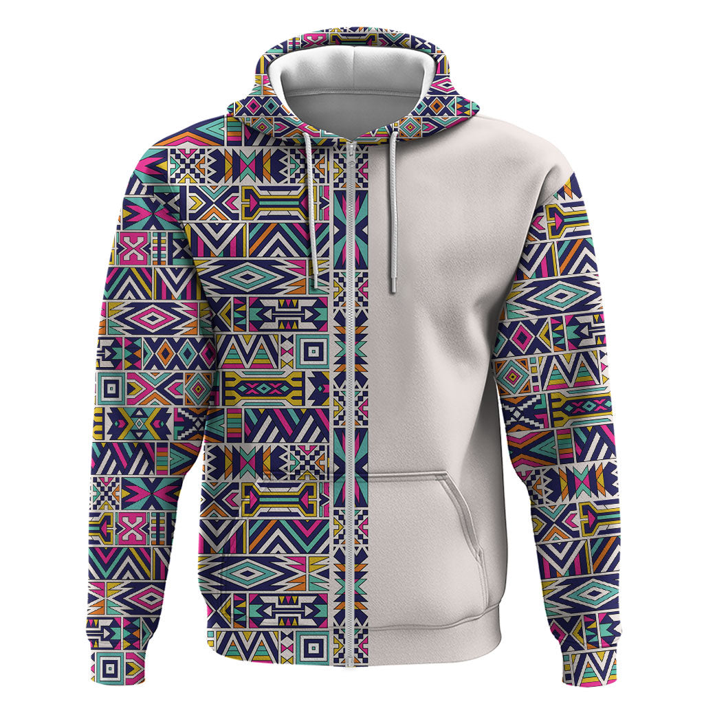 African Ndebele Art Patterns Zip Hoodie Beige Half Style