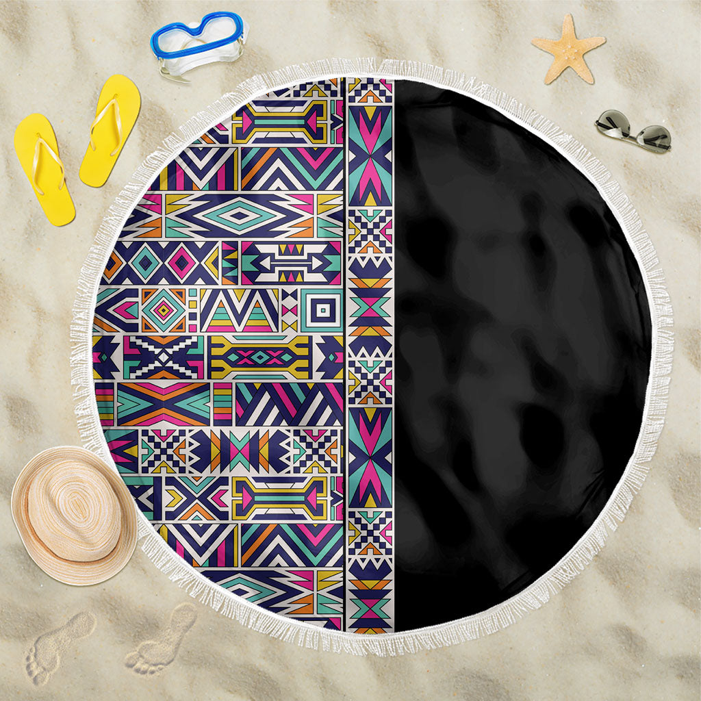 African Ndebele Art Patterns Beach Blanket Black Half Style