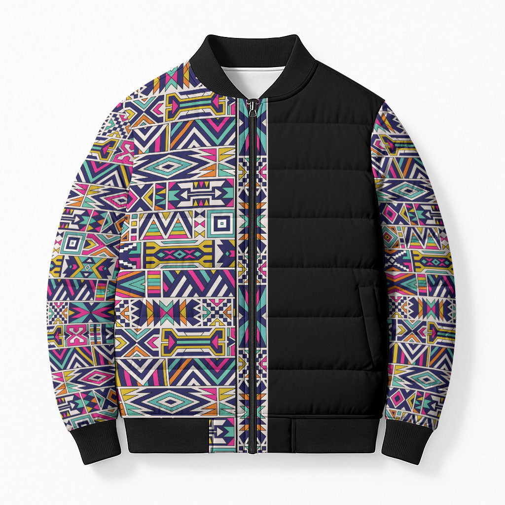 African Ndebele Art Patterns Bomber Puffer Jacket Black Half Style