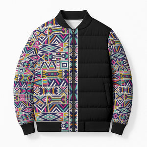 African Ndebele Art Patterns Bomber Puffer Jacket Black Half Style