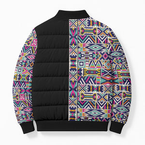 African Ndebele Art Patterns Bomber Puffer Jacket Black Half Style