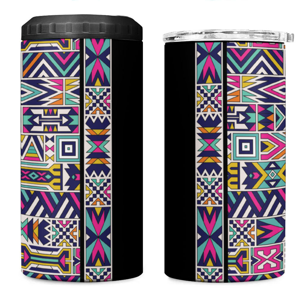 African Ndebele Art Patterns 4 in 1 Can Cooler Tumbler Black Half Style