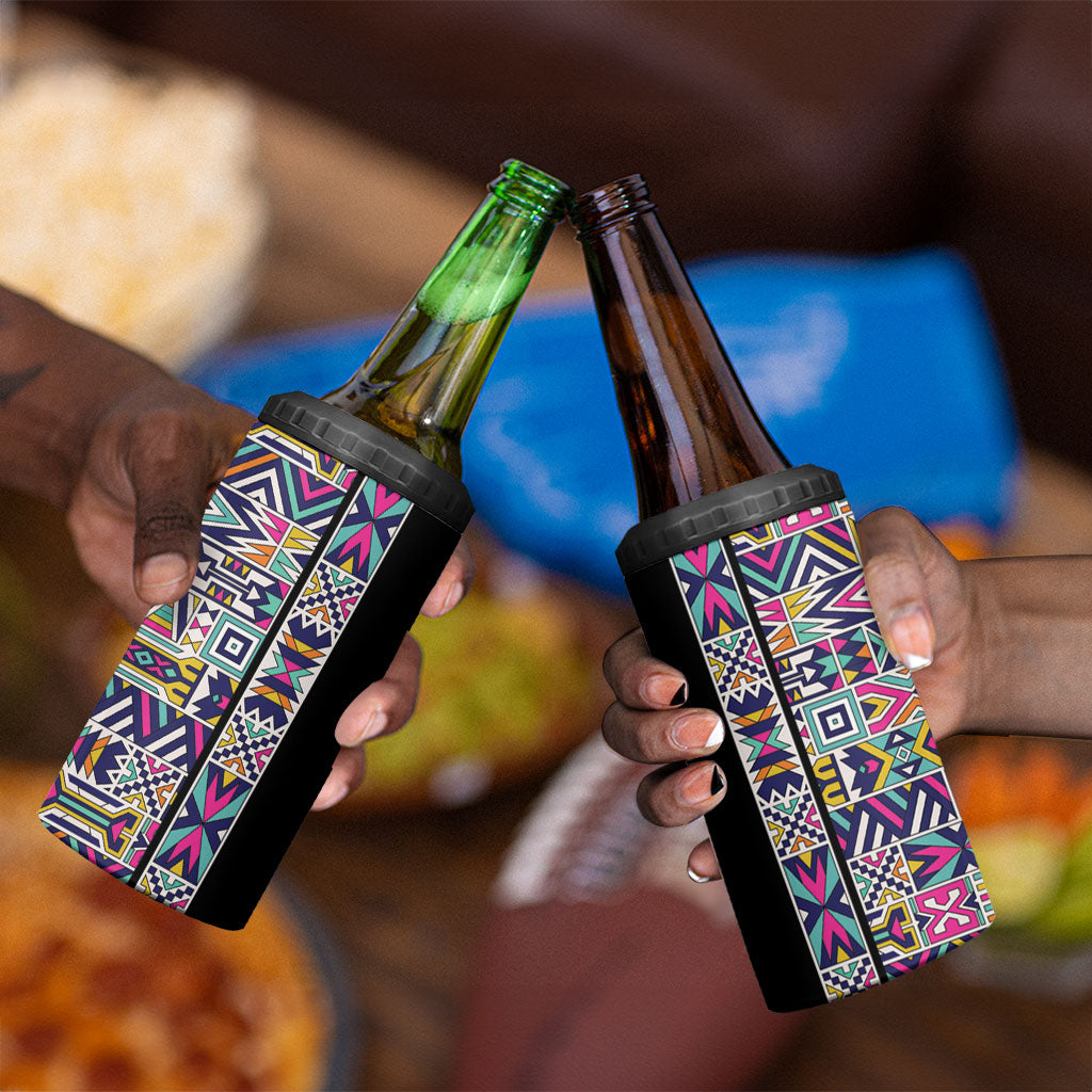 African Ndebele Art Patterns 4 in 1 Can Cooler Tumbler Black Half Style