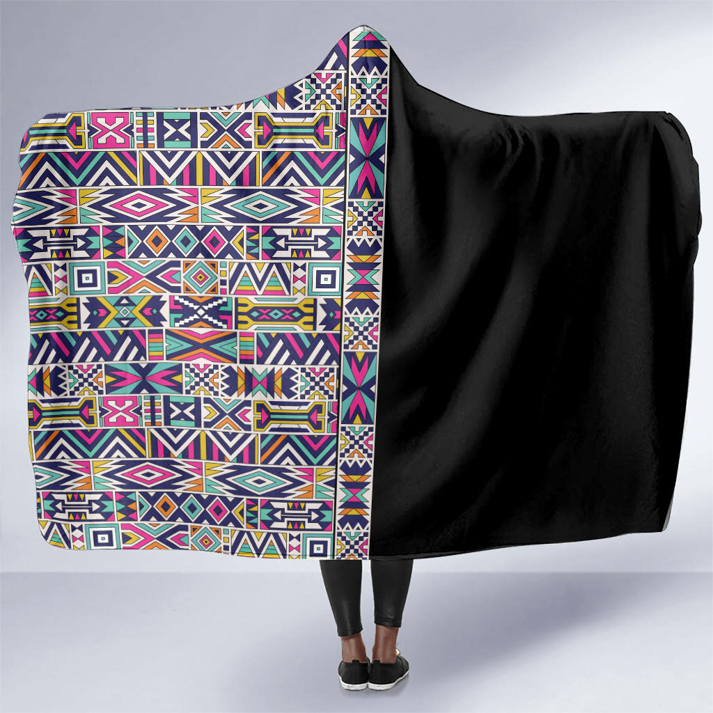 African Ndebele Art Patterns Hooded Blanket Black Half Style