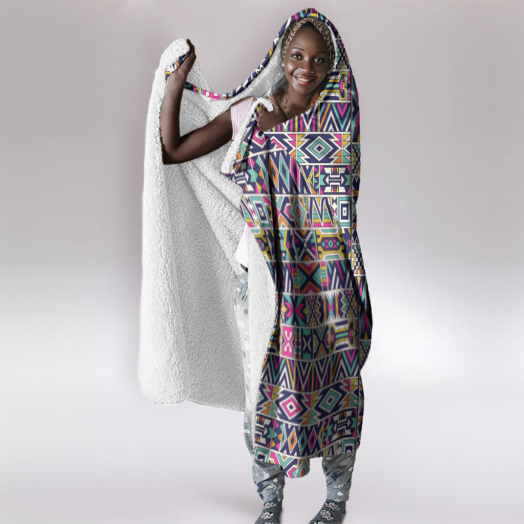 African Ndebele Art Patterns Hooded Blanket Black Half Style