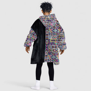 African Ndebele Art Patterns Kid Wearable Blanket Hoodie Black Half Style