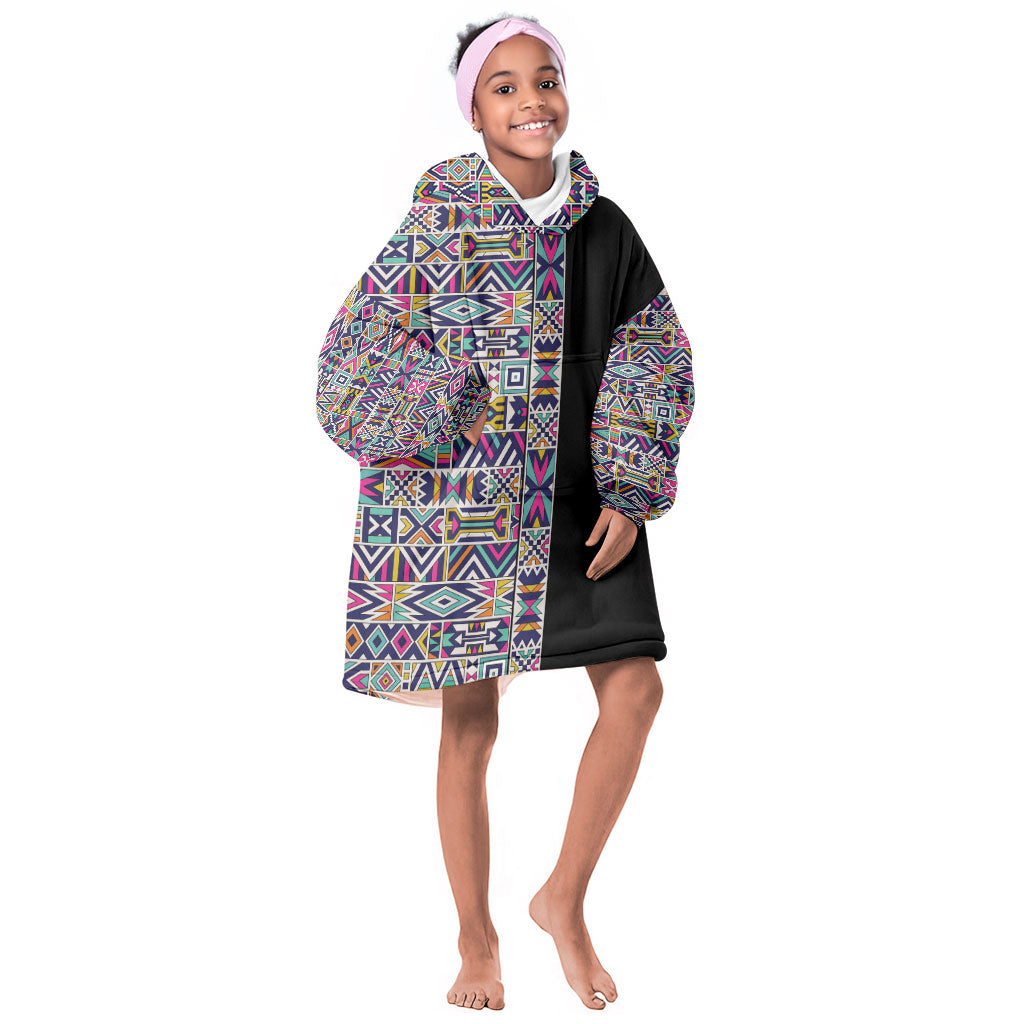 African Ndebele Art Patterns Kid Wearable Blanket Hoodie Black Half Style