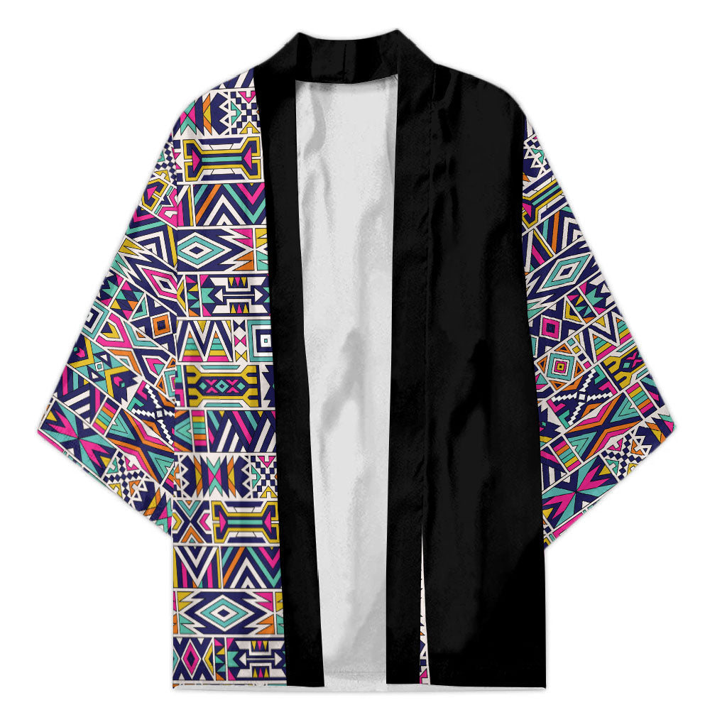 African Ndebele Art Patterns Kimono Black Half Style
