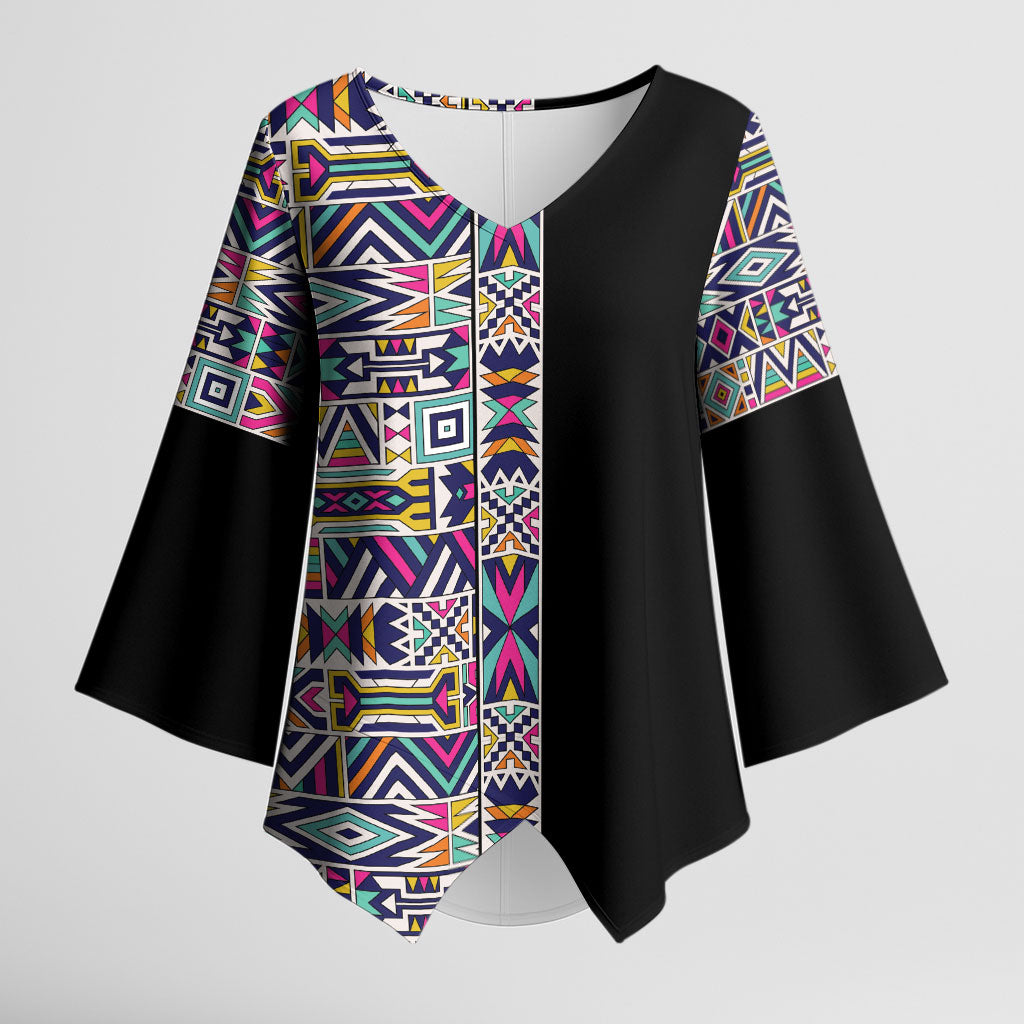 African Ndebele Art Patterns Kimono Sleeve Blouse Black Half Style
